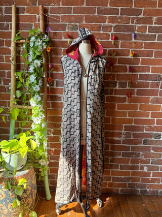 Twilight Reversible Kantha Long Hooded Duster Vest