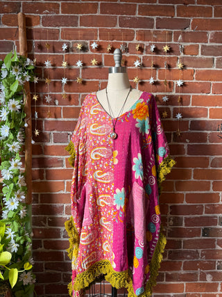 Sierra Dreams Upcycled Cotton Kantha Poncho Tunic Top with Pockets