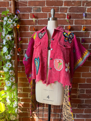 OOAK Autumn Collection - Size XS/Small Upcycled Crop Patch Hi Lo Kantha Poncho Jacket