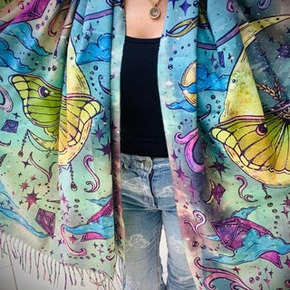 Pashmina Scarf / Wall Hanging / Rainbow Luna Moth / Original Art By Melanie Bodnar-Final Sale