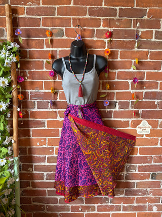 Size Small-Large Reversible Upcycled Sari Silky Wrap Skirt - Fair Trade Made