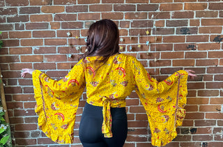 Golden Yellow Sun, Moon + Stars Celestial Cropped Bell Sleeve Wrap Top