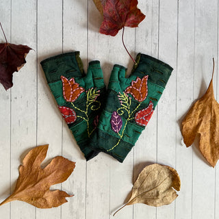 Floral Recycled Patchwork Embroidered Boho Hand Warmers / Fingerless Gloves - Green Blue