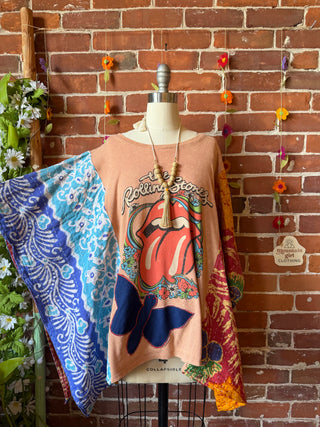 OOAK Summer Collection- Upcycled Rolling Stones Inspired Vintage Butterfly Patch Kantha Poncho Tee