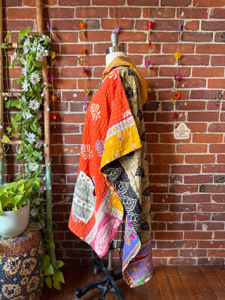 Mystery Print Autumn Sunset Patchwork Upcycled Kantha Hoodie Poncho Jacket- Fair Trade Made