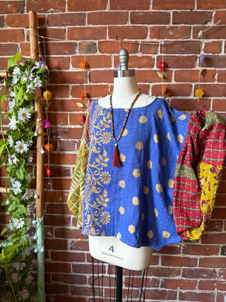 OOAK Spring Collection - Reversible Cosmic Drift Kantha Poncho Top - 2 Tops in 1!