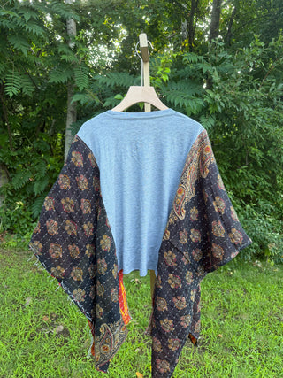 OOAK Summer Collection- Upcycled Grateful Dead Inspired Kantha Cropped Hi Lo Poncho Tee *imperfect!
