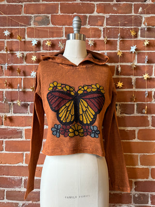 Burnt Orange Embroidered Butterfly Cropped Hoodie