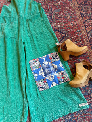 OOAK Autumn Collection- Size Medium Upcycled Patchwork Gauze Wide Leg Overalls