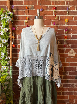 OOAK Summer Collection - Upcycled Luna Butterfly Flowy Trapeze Style Top 🦋 Stone Gray