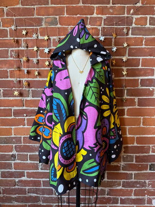 Grateful Dead Inspired Flower Dancing Bears Tapestry Bell Sleeve Hooded Kimono