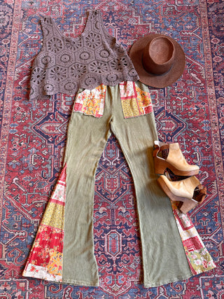 Bohemian Autumn Days Bandana Patchwork Bell Bottom Pants - Sage