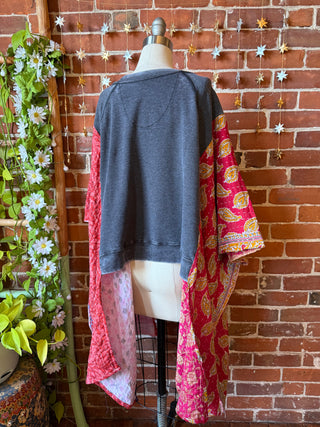 OOAK Winter Collection- Upcycled Pink Floyd Inspired Kantha Hi Lo Poncho Sweatshirt