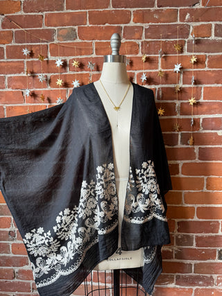 Black + White Embroidered Boho Kimono Layer