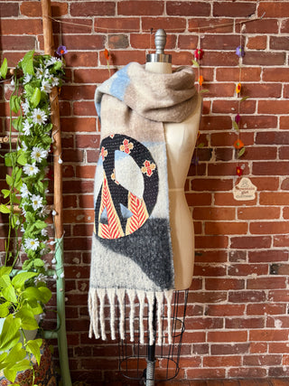 OOAK Autumn Collection- Upcycled Peace Sign Kantha Patchwork Soft Oversized Scarf
