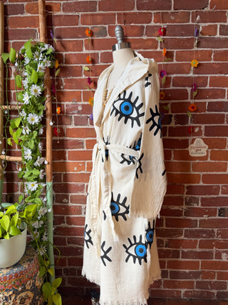 Evil Eye Blue 100% Cotton Hoodie Kimono Robe  - Fair Trade Made