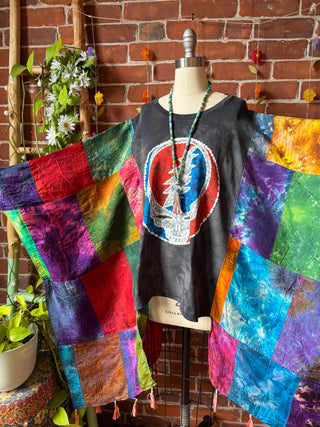 Grateful Dead Inspired Upcycled Silk Patchwork Tie Dye Hi Lo Poncho Top