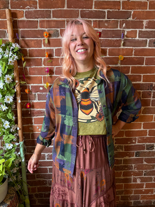 OOAK Summer Collection- Upcycled Def Leppard Button Up Plaid Top Size 1X