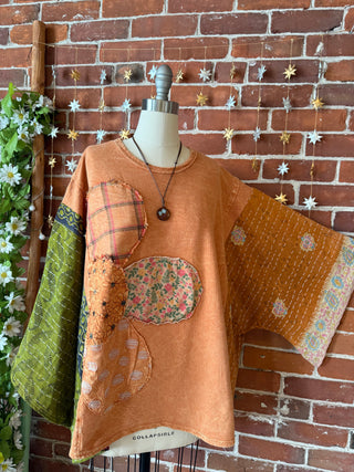 OOAK Autumn Collection - Upcycled Flower Patchwork Trapeze Style Bell Sleeve Kantha Top 🌼