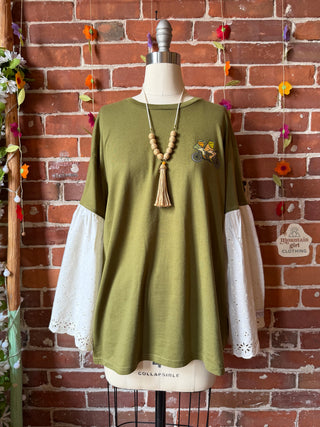 OOAK Summer Collection- Upcycled Frog & Toad Eyelet Lace Bell Sleeve Tee - Size Large