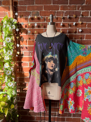 OOAK Winter Collection- Upcycled Stevie Silver Sprints Inspired Hi Lo Kantha Poncho Tee