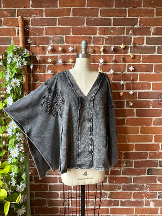 In Zen Mode Doily V-Neck Poncho Top - In Charcoal + Olive