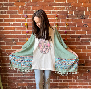 Mystical Stevie Nicks Inspired Sage Embroidered Tassel Poncho