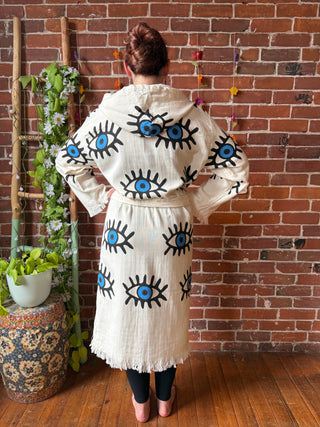Evil Eye Blue 100% Cotton Hoodie Kimono Robe  - Fair Trade Made