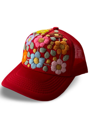 Hand Embroidered Trucker Flower Hat - Red