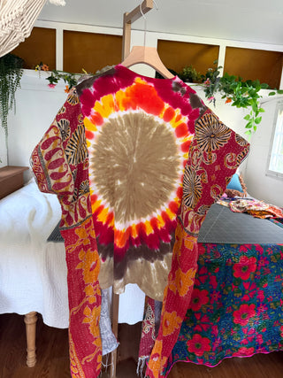 OOAK Summer Collection- Upcycled Grateful Dead Tie Dye  Kantha Poncho Hi Lo Tee
