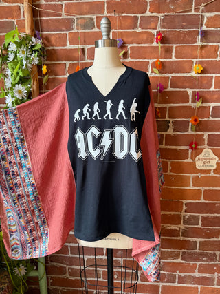 Upcycled AC/DC Inspired Rose Embroidered Poncho Top
