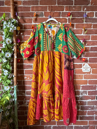 Coffee In The Morning Kantha Dress - Fits up to 3X - 100% Cotton- Fair Trade Made