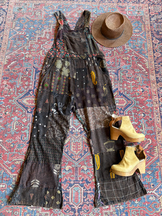 Earth Tones Spring Soul Patchwork Flare Leg Overalls