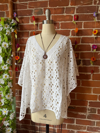 100% Cotton Bohemian Eyelet Overlay Poncho Top - White