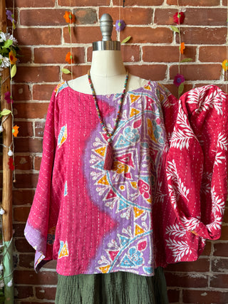 OOAK Summer Collection - Reversible Cosmic Drift Kantha Poncho Top - 2 Tops in 1