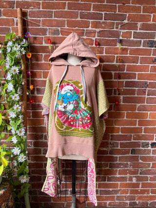 OOAK Autumn Collection- Upcycled Hi Lo Kantha Smurf Mushroom Hoodie Poncho