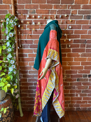 OOAK Autumn Collection- Upcycled Organic Cotton + Kantha Poncho Hi lo Hoodie