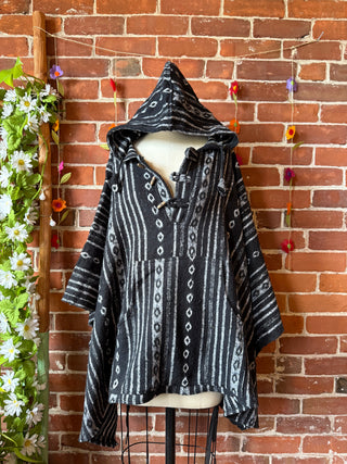 Black/White Brushed Woven 100% Cotton Hooded Poncho