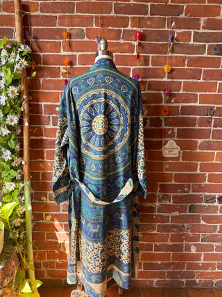 Teal + Blue Elephant Long Tapestry Robe Kimono w/ Pockets + Belt - Fair Trade Made