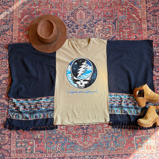 Upcycled Grateful Dead Inspired Navy Embroidered Poncho Tassel Top