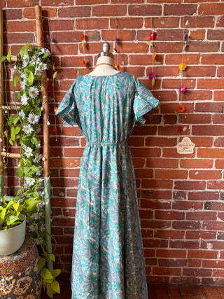 Size Small-Medium Blue Meadow Mosaic 100% Cotton Short Sleeve Dress - Fair Trade Made