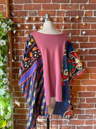 OOAK Autumn Collection- Upcycled Billy Strings Inspired Cropped Kantha Hi Lo Poncho Tee