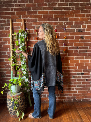 Grateful Dead Inspired Batik Stealie Embroidered Black Poncho