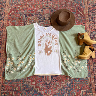 Daisy Dolly Parton Inspired Sage Embroidered Poncho