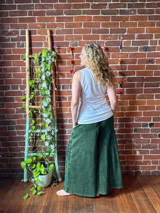 Embroidered Bohemian Spring Wide Leg Lounge Pants - Green 100% Cotton
