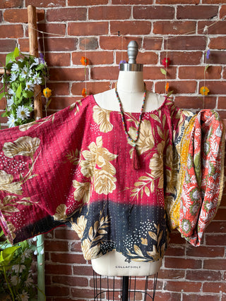 OOAK Spring Collection - Reversible Cosmic Drift Kantha Poncho Top - 2 Tops in 1!