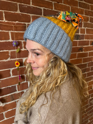 OOAK Autumn Collection -Color Block Kantha Tassel Beanie
