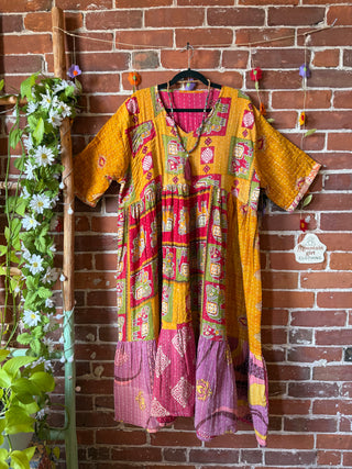 Coffee In The Morning Kantha Dress - Fits up to 3X - 100% Cotton- Fair Trade Made