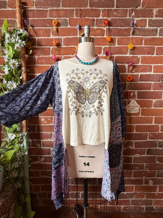 OOAK Summer Collection- Upcycled Butterfly Flowy Hybrid Hi Lo Tee