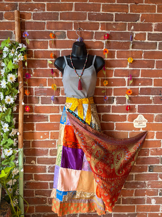 Reversible Upcycled Sari Silky Patchwork Wrap Skirt - Fair Trade Made